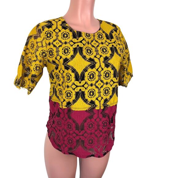 Weston (Anthropologie) Lace Blouse Top Small Gold Yellow Pink colorblock - Picture 2 of 6